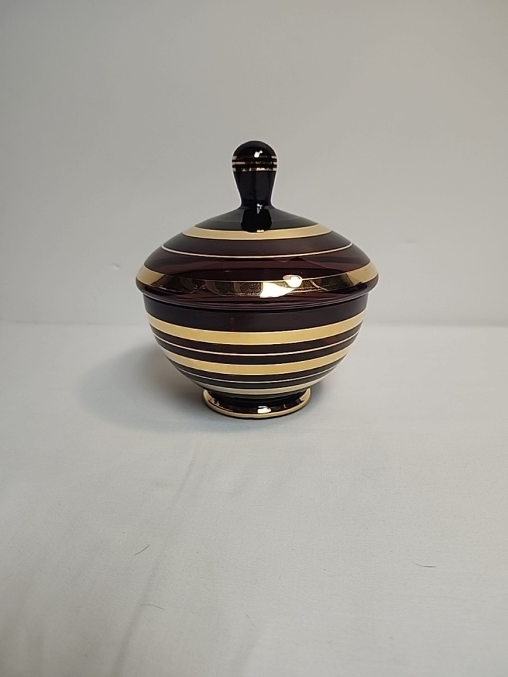 Vintage Amethyst and Gold Striped Lidded Glass Candy Jar